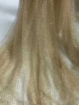 

Nigerian Lace Fabric with glued glitter PWD1871112 Gold colour French Embroidered lace fabric for party dress