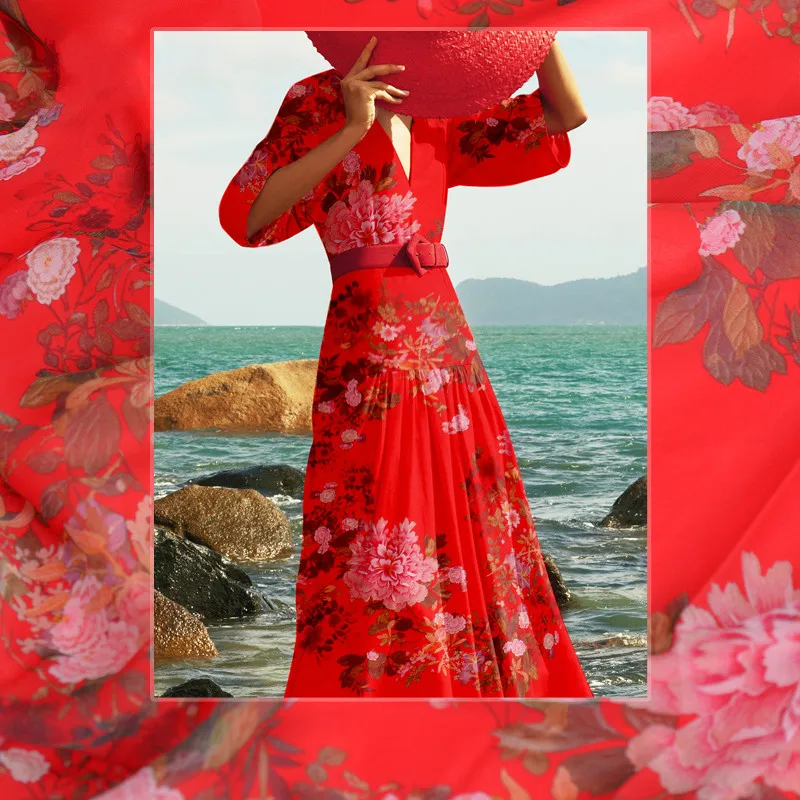 

2018 new red peony silk georgette new silk fabric 8mm silk cloth silk scarf skirt anti-wrinkle effect is good material