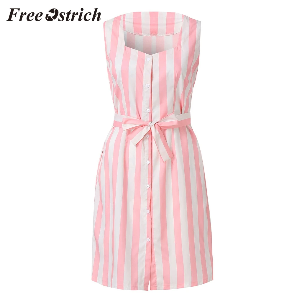 

Free Ostrich 2019 Summer Chic Simplicity Temperamental Gentle Women Sleeveless Striped Print Slim Casual With Buttons Dress