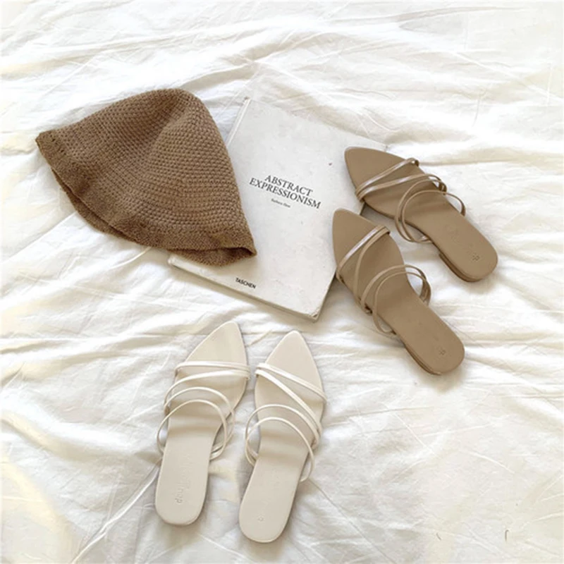 

Microfiber Pointy beach flats slides female sexy narrow band roman sandals slip on loafer shoes woman open toe slippers footwear