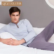 Qianxiu Повседневная Домашняя одежда мужские пижамы для влюбленных костюм для сна с длинными рукавами брюки Пижамный костюм хлопок v-образным вырезом мужские пижамы осень