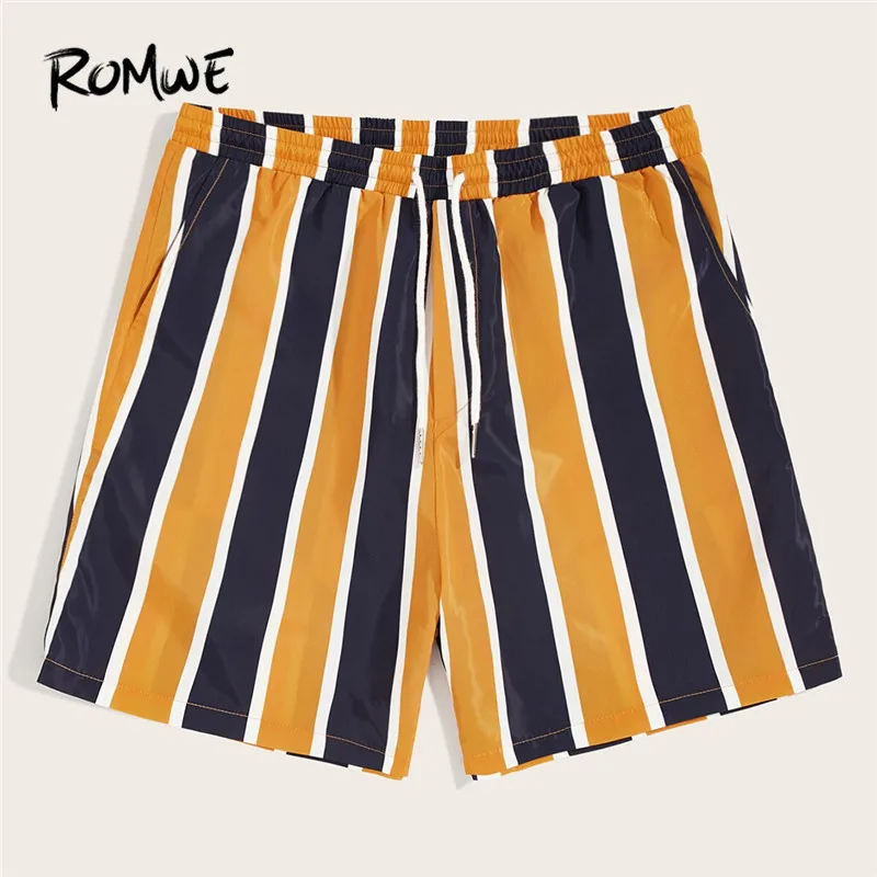 

ROMWE Mens Multicolor Striped Drawstring Elastic Mid Waist Casual Shorts Summer Straight Leg Bermuda Wind Shorts With Pockets