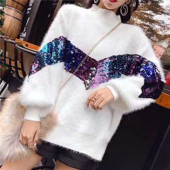 

Turtleneck Women Knitted Sweaters Lantern Sleeve Pullovers Winter New Fashion Loose Sweater Sequin Female Jumper Tops DS50835