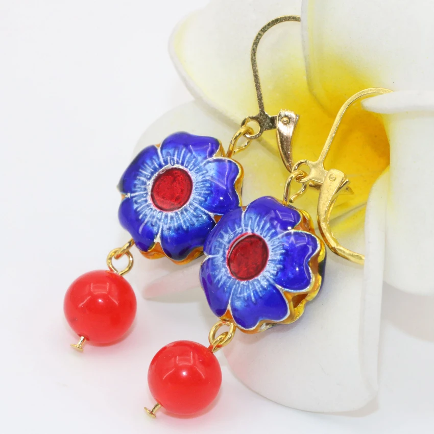

Fashion 8 style factory outlet long drop dangle earrings gold-color cloisonne jade jasper pierced earrings women jewelry B2605
