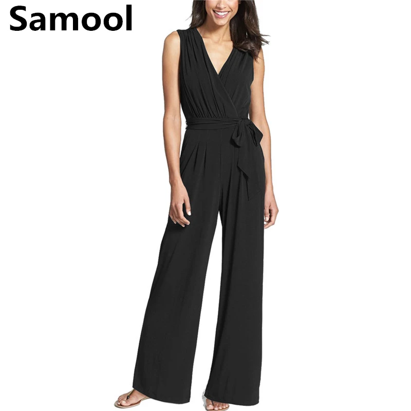 Casual summer Jumpsuit Siamese Pants Loose Women deep V Neck Female Romper Long Combinaison Sleeveless Jumpsuit Women sexy