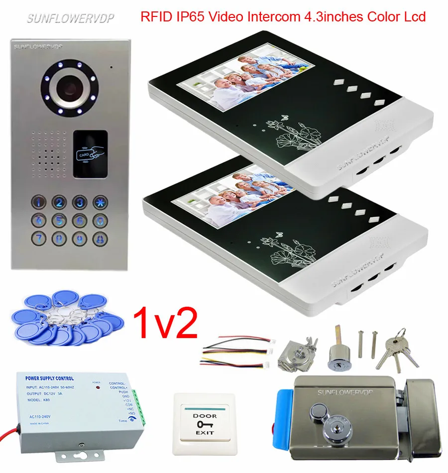 

IP65 Waterproof Video Door Phone Video Intercom Doorbell 2 Units 4.3" Color Monitor Lcd Intercom Rfid Keypad With Door Lock 1v2
