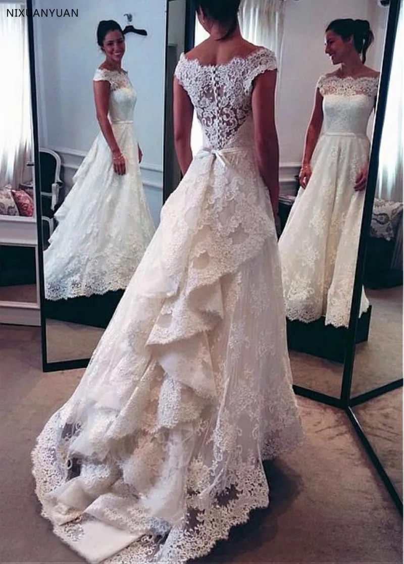 Кружевное свадебное платье Vestido De Noiva, ТРАПЕЦИЕВИДНОЕ ПЛАТЬЕ с цельнокроеным коротким рукавом с аппликацией, бохо, большие размеры, свадебное платье