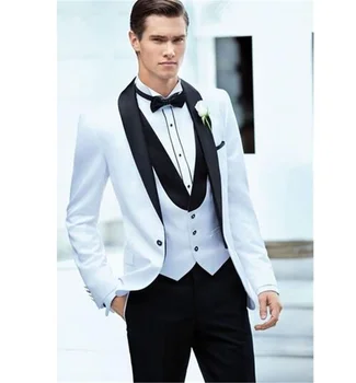 

White Wedding Men Suit Shawl Collar Slim Fit 3 Pieces Jacket+Pants+Vest For Wedding Tuxedos Formal Suits Custom Made