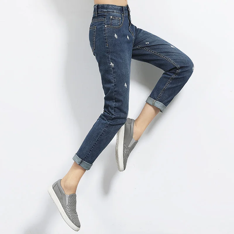 Goedkoop 2018 LEIJIJEANS Lente En Zomer Plus Size Lightening Gedrukt Mid Taille Volledige Lengte Mode Losse Denim Boyfriend Vrouwen Jeans