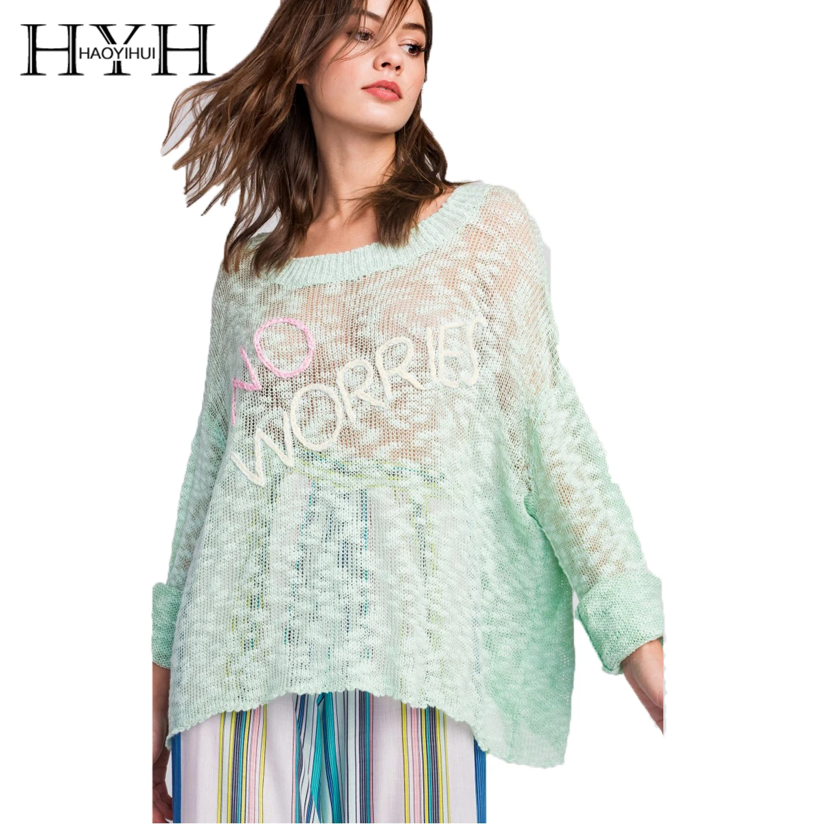 

HYH HAOYIHUI Streets Style Mint Green Women Sweaters sexy Sleeve Embroidery Pullovers Female 2018 New Fashion Loose Tops