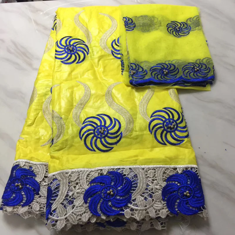 

Free shipping (5+2 yards/set) yellow African bazin lace fabric brocade fabric with embroidery and beads plus French lace BLS21
