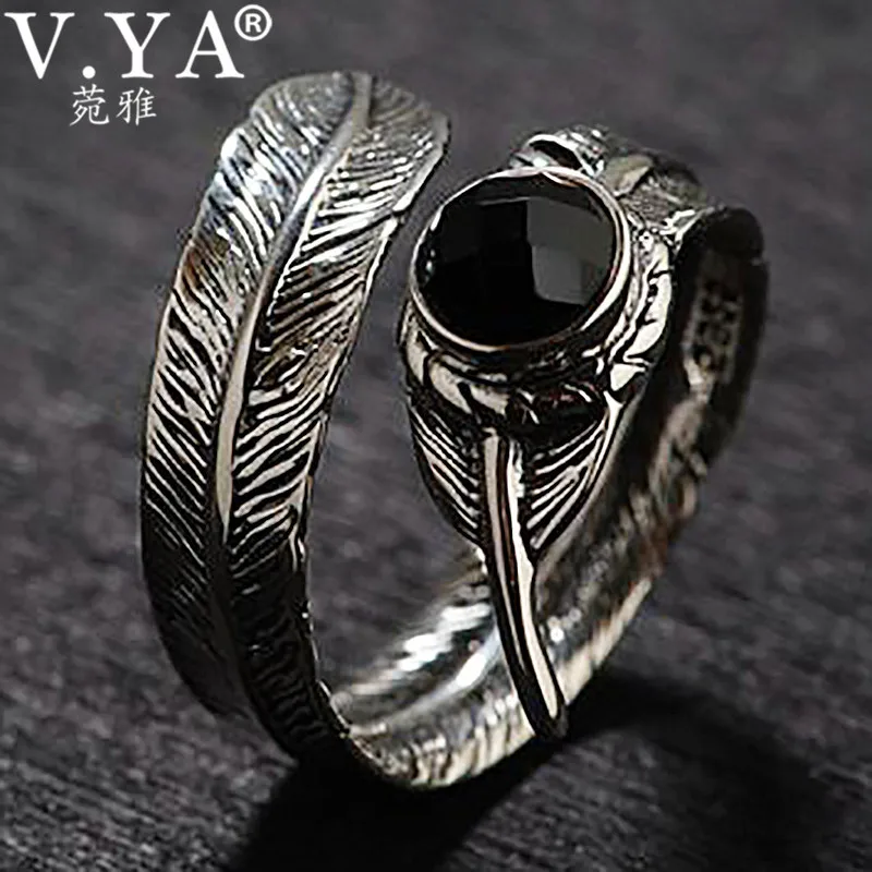 

V.YA Black Onyx Stone 925 Sterling Silver Open Ring for Men Male Adjustable Thai Silver Jewelry Party Christmas Gift