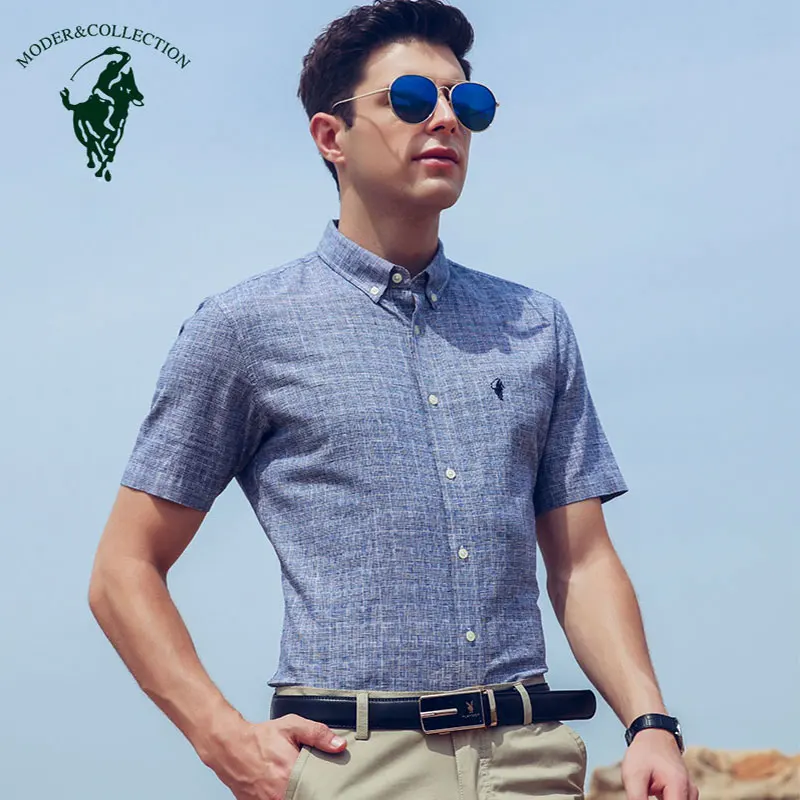 

Men's Short Sleeve Square Collar Plaid Dress Shirts For Male Smart Casual Regular-fit Comfort Soft Linen&Cotton Thin Tops Shirts