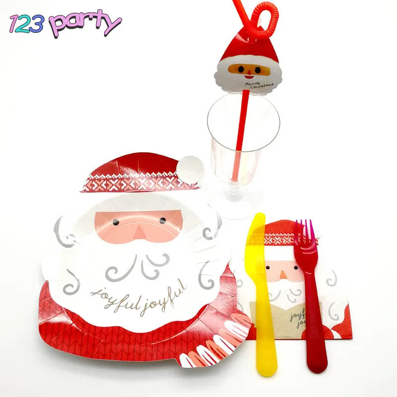 

Christmas Party Disposable Tableware Santa Claus Paper Tray Paper Napkin Balloon Christmas Banner Party Decoration