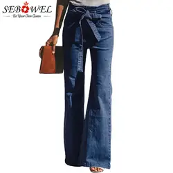 SEBOWEL Ретро Высокая талия широкие брюки джинсовые штаны Женская на весенний сезон осень-зима 2019 Новый женский синий длинные джинсы с
