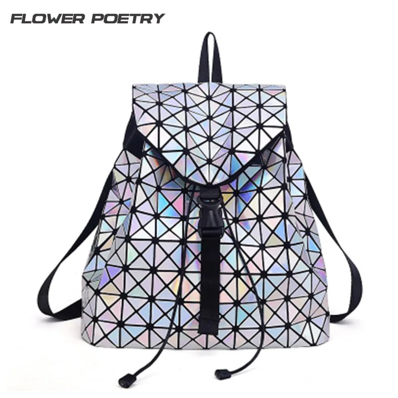 Women Laser Backpack for Teenage Girls Drawstring Fold Geometry Mirror Schoolbags Quilted Backpack Holograph School Bags