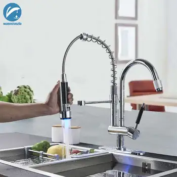 

LED Spring Kitchen Faucet Handheld Spout Cold Hot Water Tap Chrome Pull Down Kitchen Tap Dual Spray head Kitchen Mixer Tap