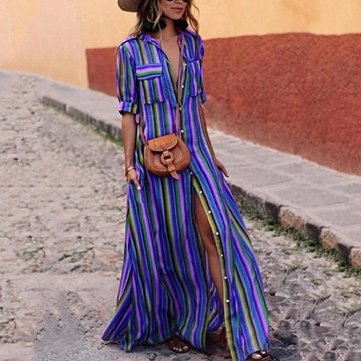 VIEUNSTA Винтаж в радужную полоску Boho Maxi Dress Для женщин кнопку сбоку Разделение длинное платье Повседневное отложной воротник осенние платья 3XL - Цвет: Blue