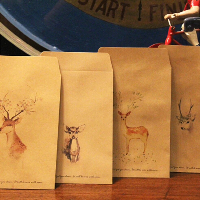 

12 Pcs / Set Letter Paper Kraft Paper Vantage Style Cute Colorful Painted Deer Envelope Gift/love Letter/leave A Note
