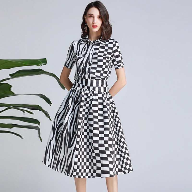 

Red RoosaRosee 2019 Runway Women's Short Sleeve Color Hit Plaid Print Blouse Tops + Knee-length Skirt Suits Two Piece Shirt Set