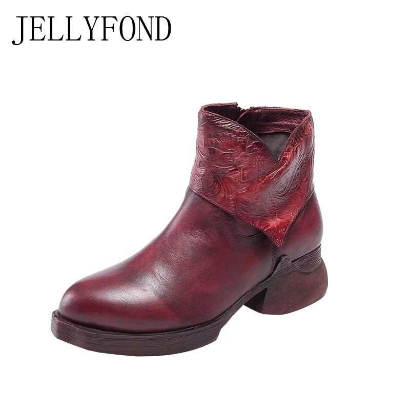 

JELLYFOND Martin Boot 2018 Vintage Floral Print Genuine Leather Platform High Heels Ankle Boots Women Cowhide Winter Shoes Woman