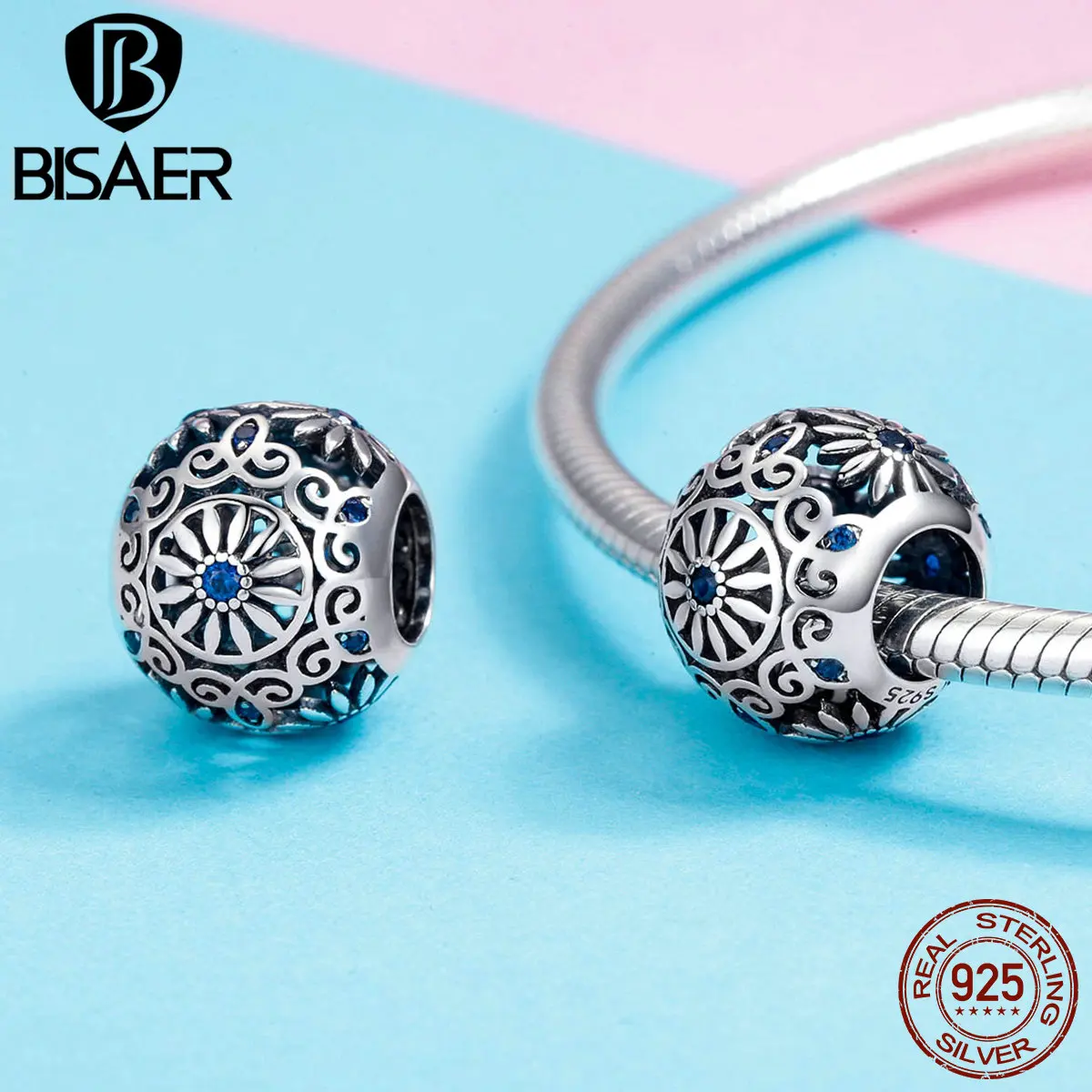 

BISAER Flower Round Charm 925 Sterling Silver Metal Beads for Women Charms Bracelet Blue Cubic Zirconia Breloque Argent GXC1119