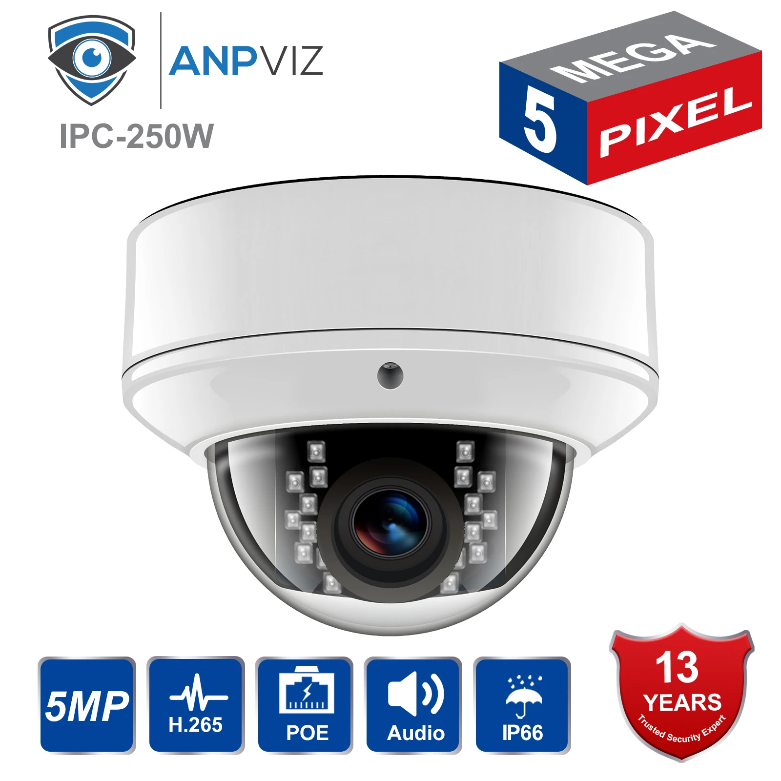 

Anpviz H.265 PoE IP Camera IPC-D250W-S 5MP HD Outdoor Waterproof IR30m Night Vision Audio Dome Security Video Surveillance Cam