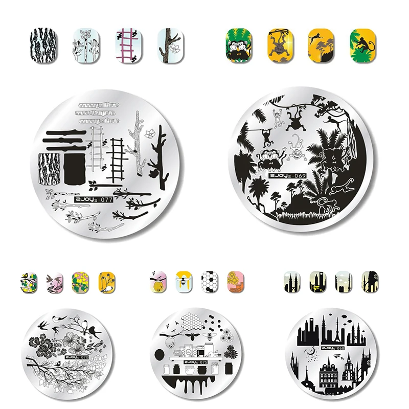 

WAKEFULNESS 1Pcs Monkey Pattern Nail Stamping Plates Round Wood Image Nail Art Stencil Templates Manicure Nail Stamp Tools