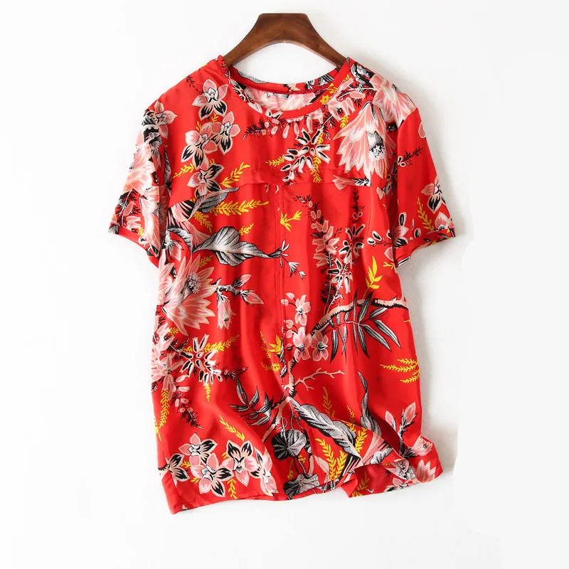

Women Summer Silk Blouse O neck Short sleeve office OL casual natural silk blouses print real silk basic summer shirt tops