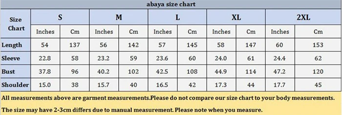 Burqa Size Chart