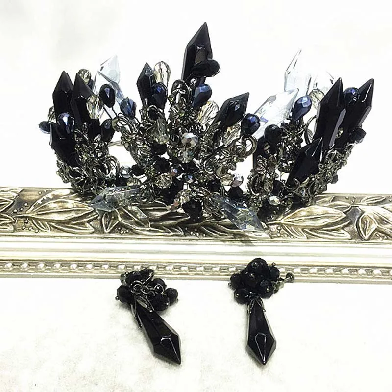 

Luxury Black Crystal Handmade Rhinestone Queen Bride Tiara Crown and Earring Set Hair Accessories Women Wedding Hair Jewelry VL