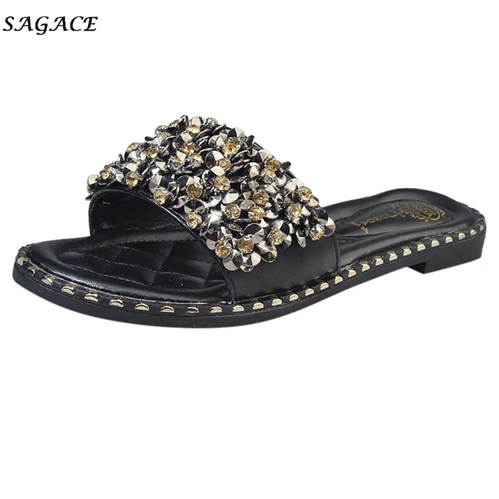 SAGACE Shoes Women Shiny Rhinestone Flips Flops Summer Beach Sandals