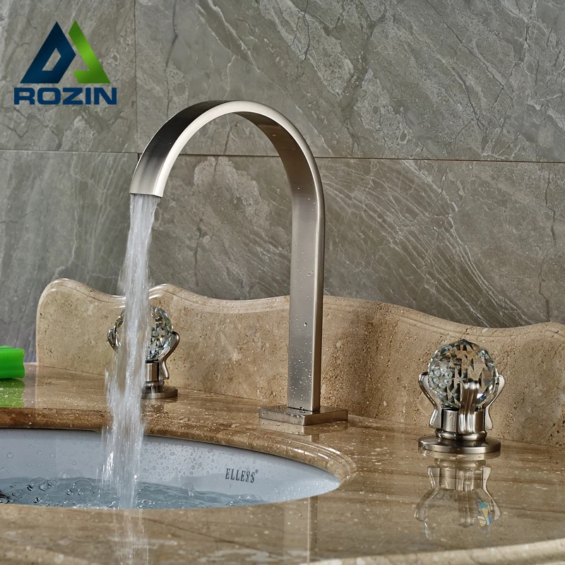 Brushed Nickel Bathroom Cristal Handles Basin Sink Faucet Bathroom Vessel Sink Mixer Taps Deck Mount