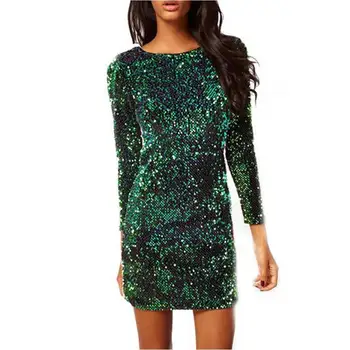 

Backless Mini Sequins Dress Women O-Neck Long Sleeve Vintage Evening Party Dresses 2019 New Fashion Plus Size Office Dress Solid