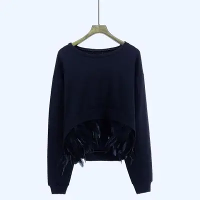 

2018 Autumn Feather Detachable Stitching Type Front Short Long-sleeved Women's Top Casual Loose Bat Sleeve Shirt