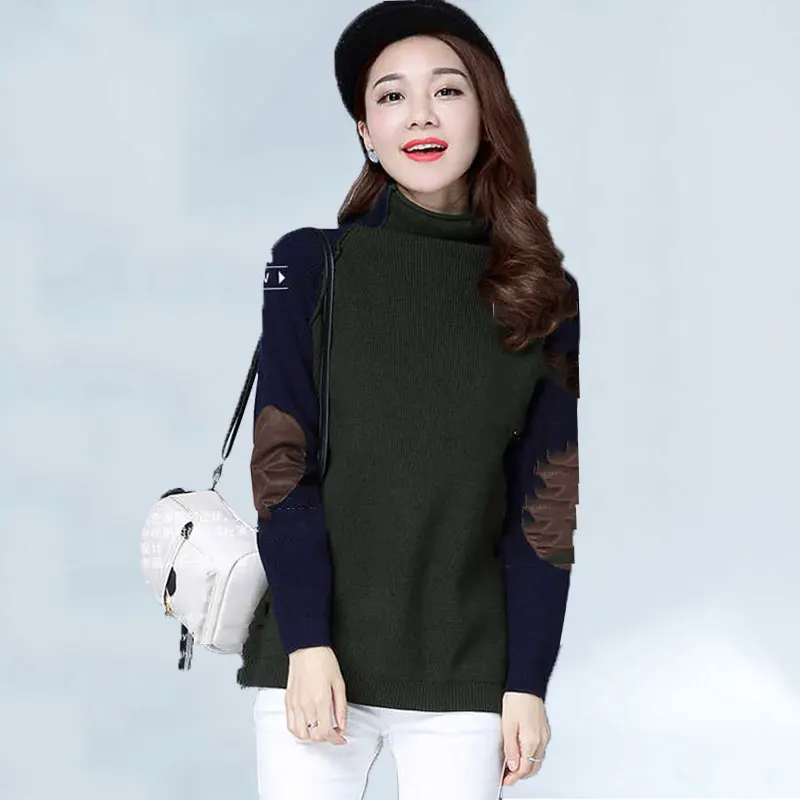 

2019 Korean Autumn Winter Panelled Women Tops Sweaters Long Sleeve Patchwork Turtleneck Knitted Pullovers Women sueter mujer 374