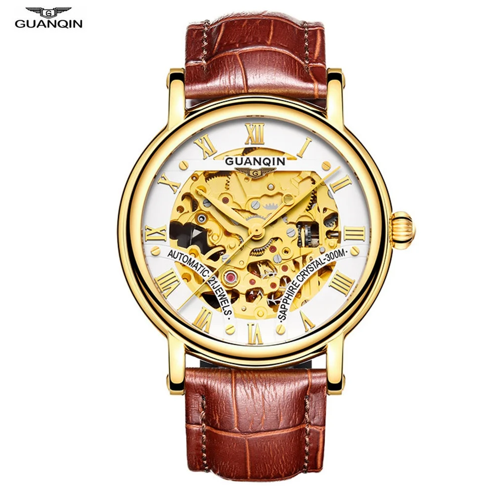 

GUANQIN Mens Watch Mechanical Watch Men Luxury Automatic Watch Leather Sapphire Tourbillon Hollow Wristwatch Skeleton Male Clock