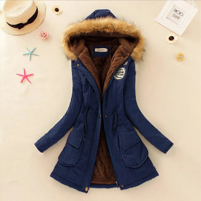 Saimishi, осенне-зимняя куртка, Женская парка, теплые куртки, пальто с меховым воротником, Длинные парки, худи для офиса, леди, хлопок, размера плюс - Цвет: Navy Blue