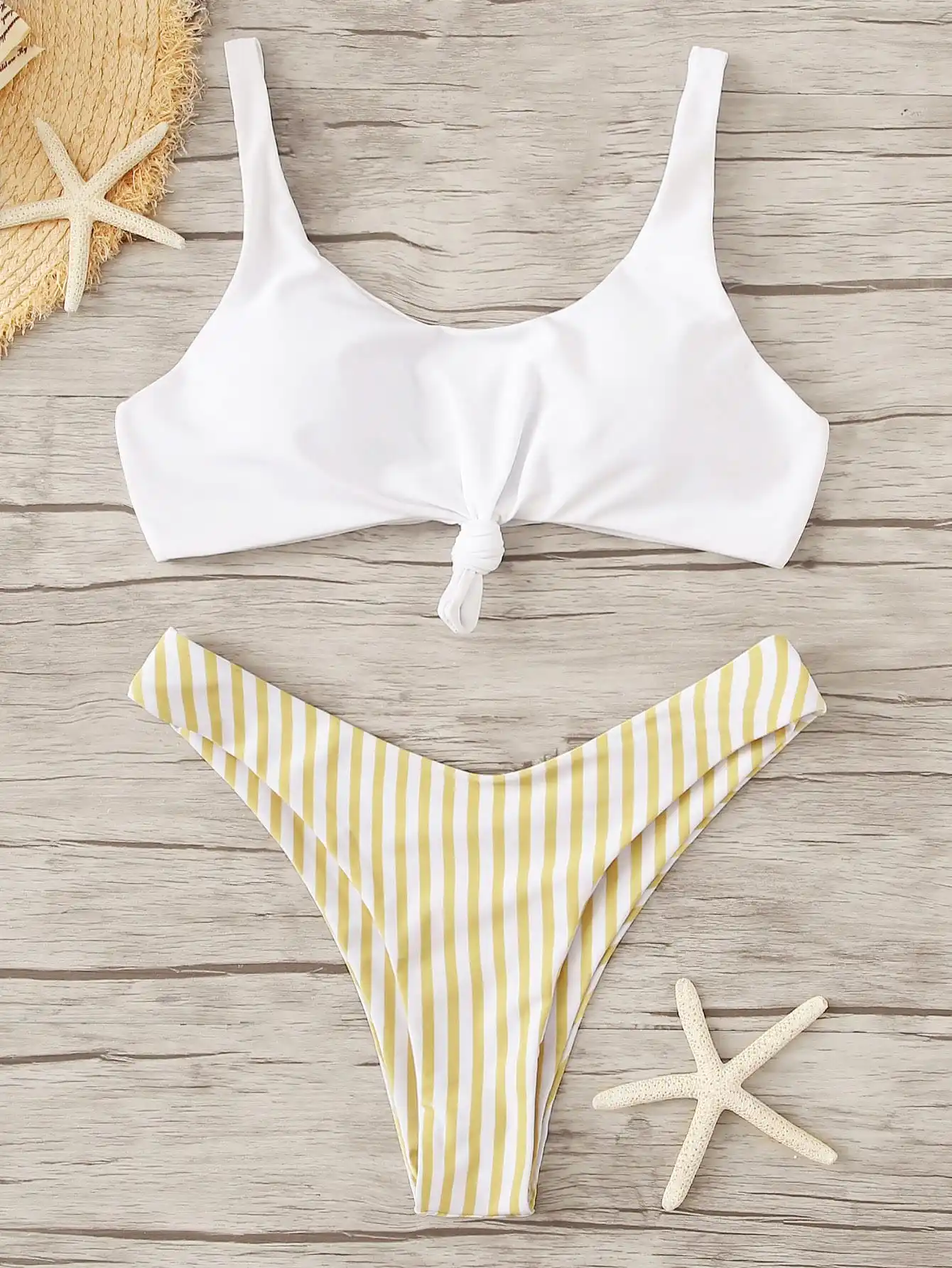 

Women Contrast Striped Knot Bikini Set Summer Beach Suit Fashion Spaghetti Straps Padded Crop Top Shorts Sets Girls Beachwear