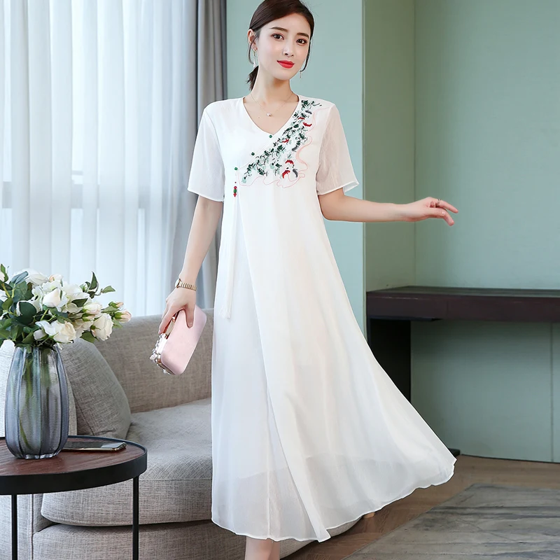 

Chinese Style Summer Women Dress Casual Floral Embroidery Dress Sexy V-Neck Short Sleeve Party Dresses Vestidos Plus Size