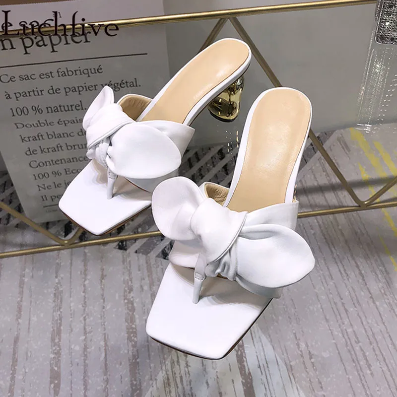 

Summer Crossover shoes white black Mules big Butterfly Knot gold high Heels genuine leather Sandals Women bowties Slippers