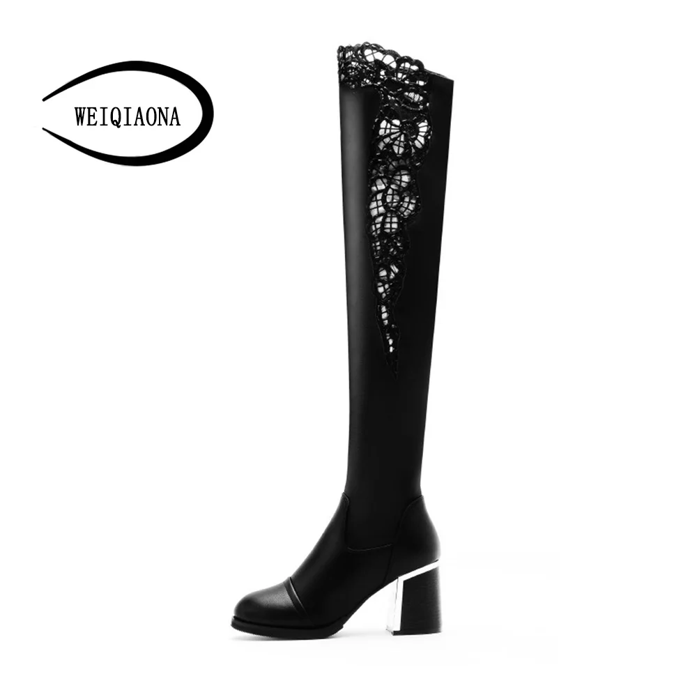 

WEIQIAONA 2018 Winter Genuine Leather Brand Design Sexy Lace New Fashion Women Shoes High Heel Long Boot Party Shoes Ladies Shoe