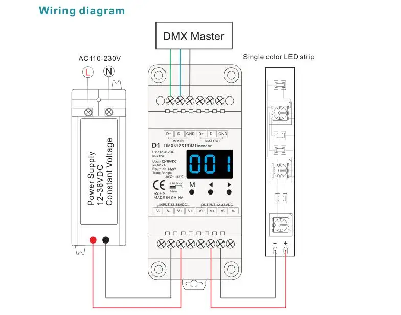 Модель # D1; 1-канальный постоянного Напряжение DMX512 и RDM декодер, красный/зеленый/синий 12 V * 1CH выход