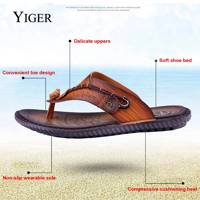 Шлепанцы YIGER мужские из натуральной кожи повседневные Мягкие тапочки