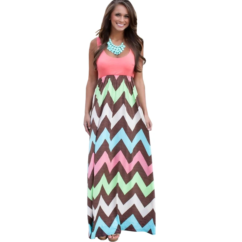 Summer Style Tank Dress Colorful Wave Striped Bohemian Boho Chic Dress Beach Long Maxi Dresses 