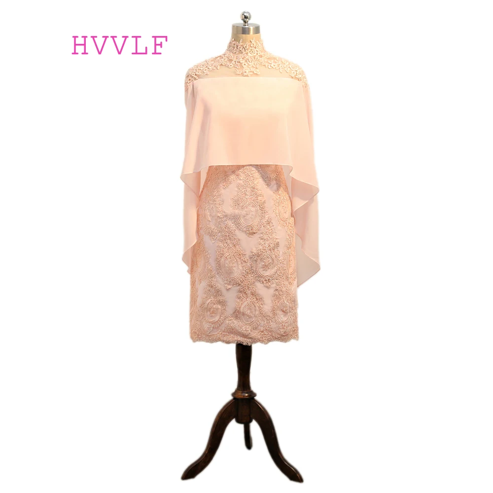 

Pink 2018 Sheath High Collar Knee Length Chiffon Appliques Lace Short Elegant Cocktail Dresses Mini Homecoming Dresses