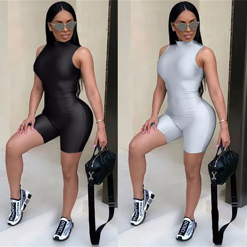 HAOYUAN уличная серебристо Серый Bodycon Комбинезоны женские на молнии спереди одна деталь без рукавов пикантные шорты для женщи