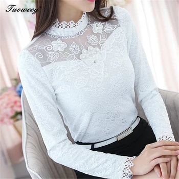 

2018 Fashion women blouses spring stand collar long Sleeve lace solid blouse women tops white shirts plus size blusa feminino