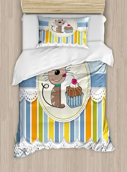 

Kids Birthday Duvet Cover Set Present Wrap Like Image with Chocolate Cake Figure and Kitten Party Bedding Set