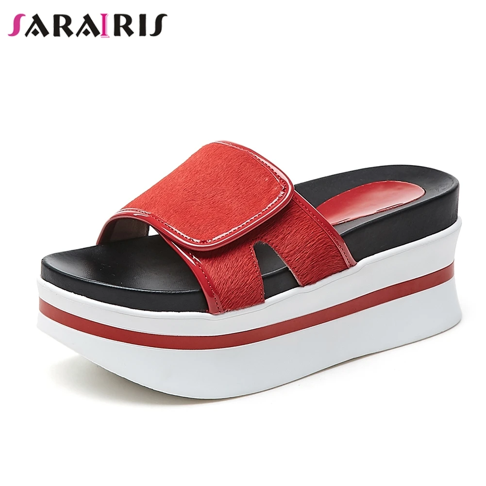 

SARAIRIS 2019 New Horsehair Genuine Leather Shoes Slippers Woman Flat Platform Summer Gril Slippers Women Casual Shoes Woman